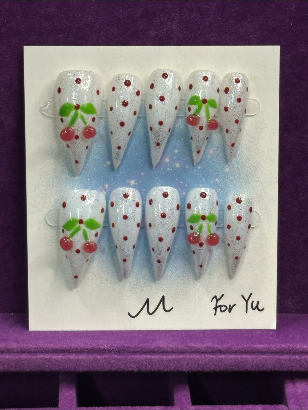 🍒 handmade cherry dragon claw nails, polka dot, size M